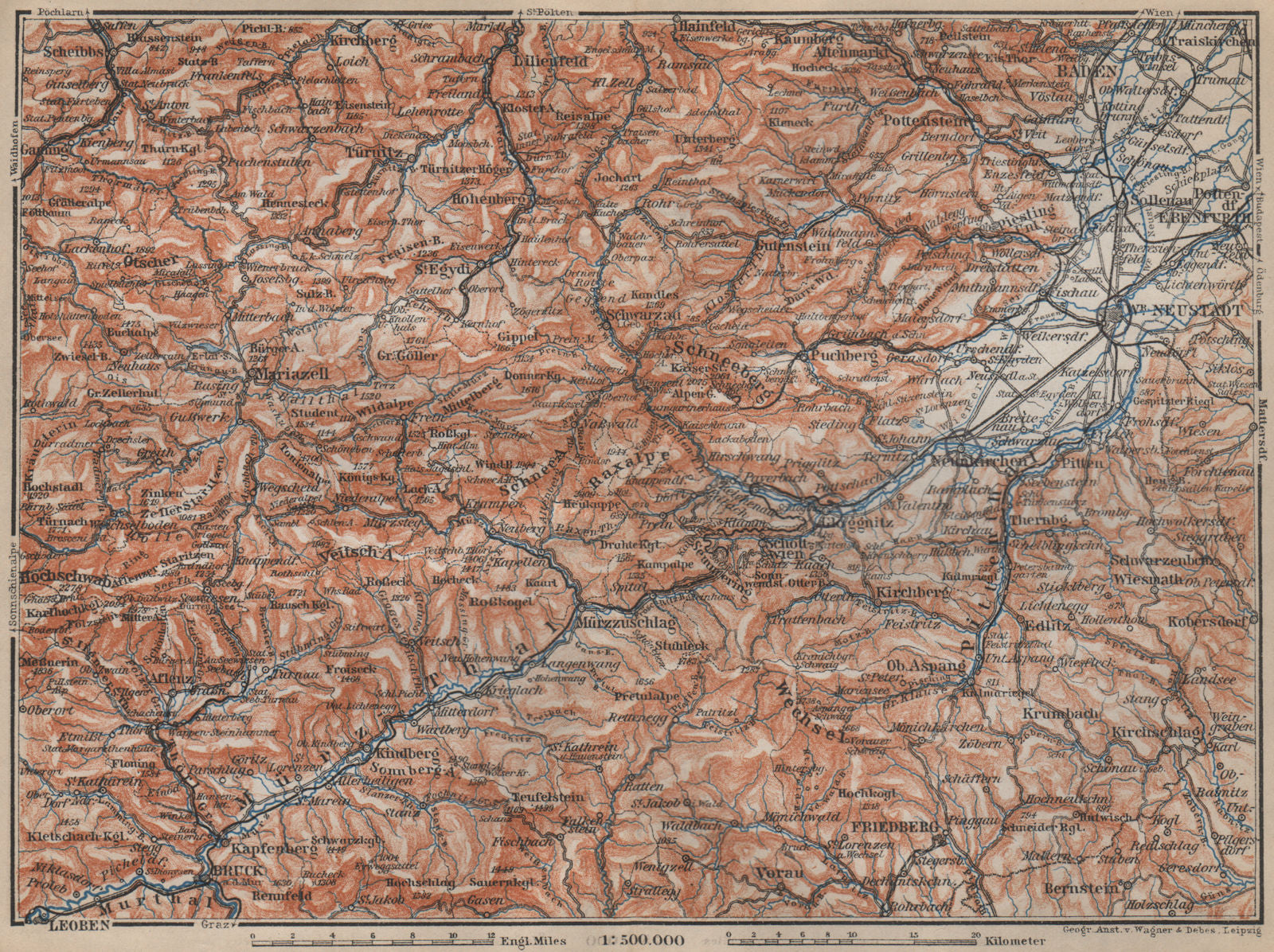 SEMMERING & MARIAZELL environs. Mürztal Styria Baden bei Wien Austria 1905 map